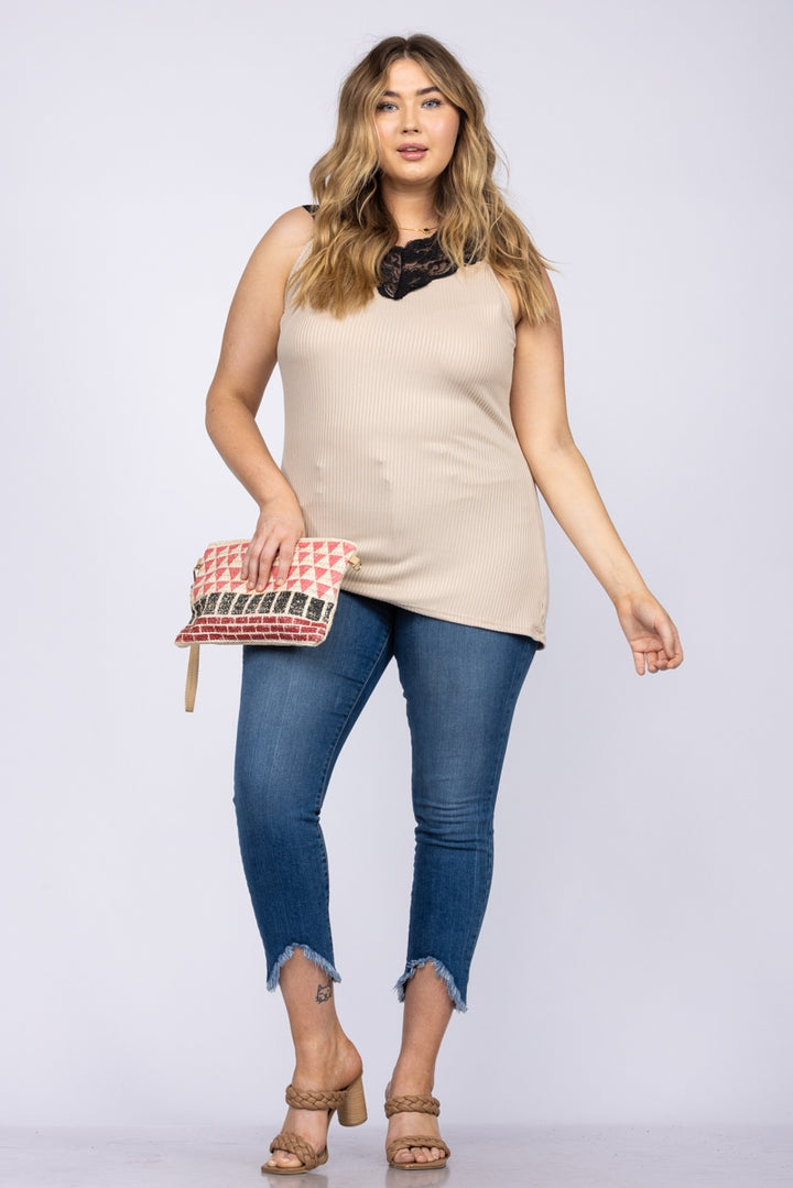 TAN LACEY V NECKLINE SLEEVELESS PLUS SIZE TOP T6585P