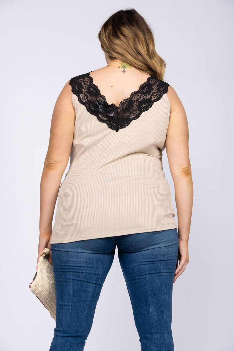 TAN LACEY V NECKLINE SLEEVELESS PLUS SIZE TOP T6585P