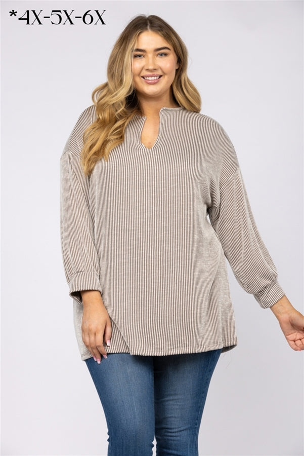 TAUPE AND WHITE STRIPES LONG SLEEVES PLUS SIZE POLO ST859