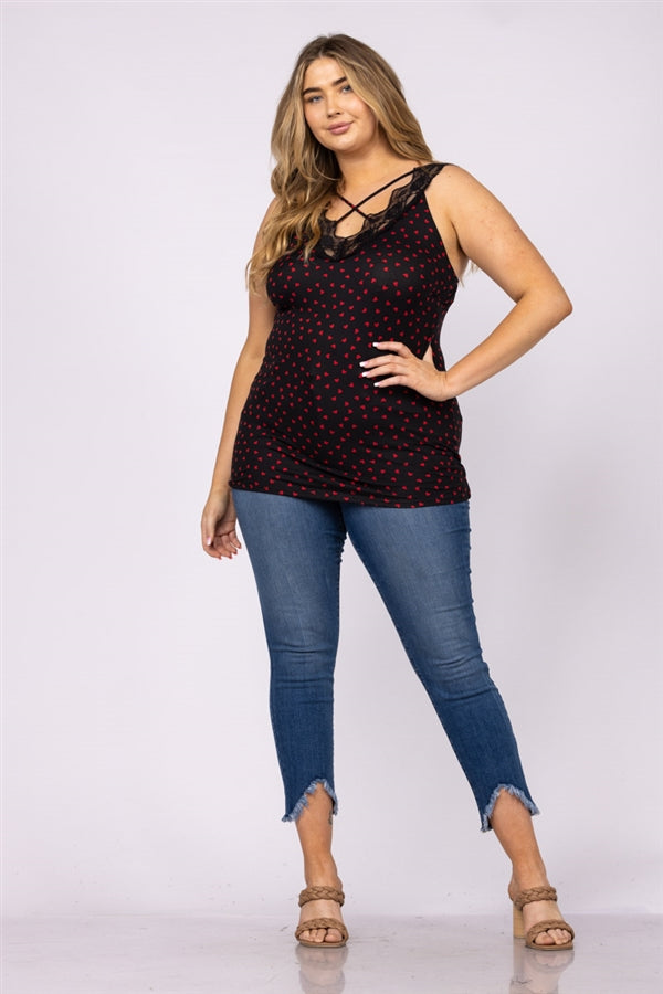 RED HEART PRINTS LACE V NECK CRISS CROSS PLUS SIZE TOP-T6575P