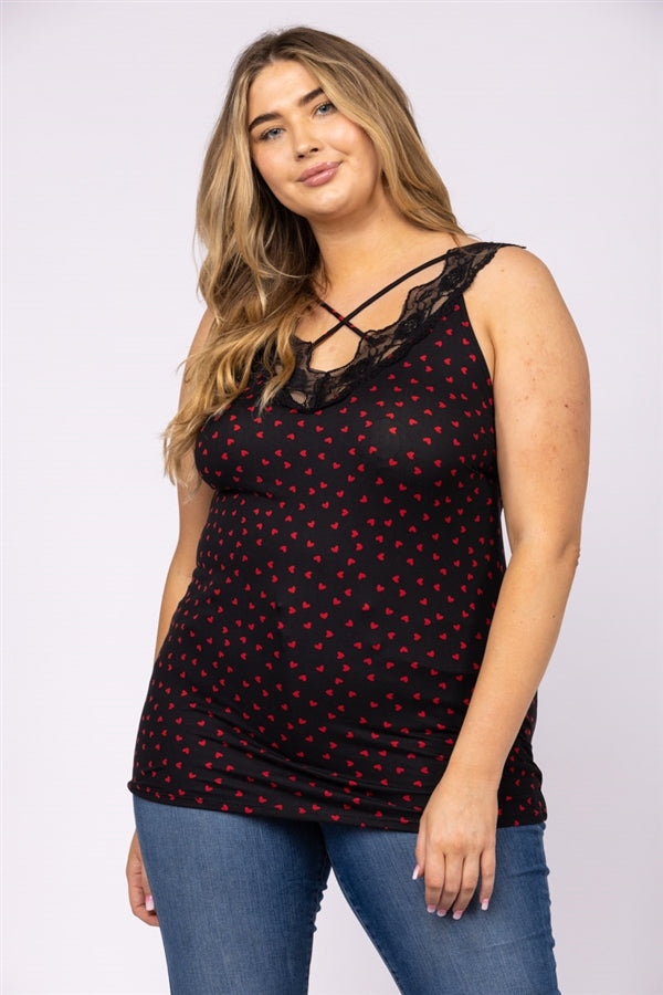 RED HEART PRINTS LACE V NECK CRISS CROSS PLUS SIZE TOP-T6575P