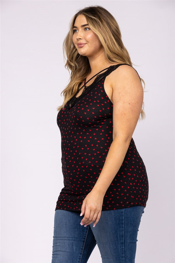 RED HEART PRINTS LACE V NECK CRISS CROSS PLUS SIZE TOP-T6575P