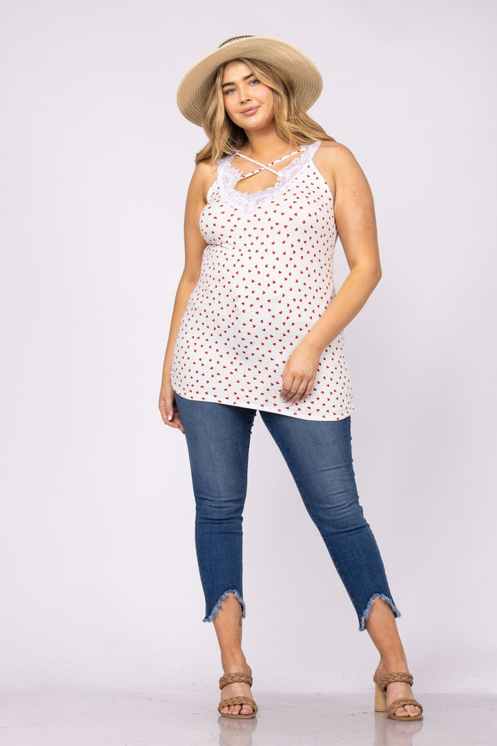 IVORY WHITE HEART PRINTS LACE V NECK CRISS CROSS PLUS SIZE TOP-T6575P