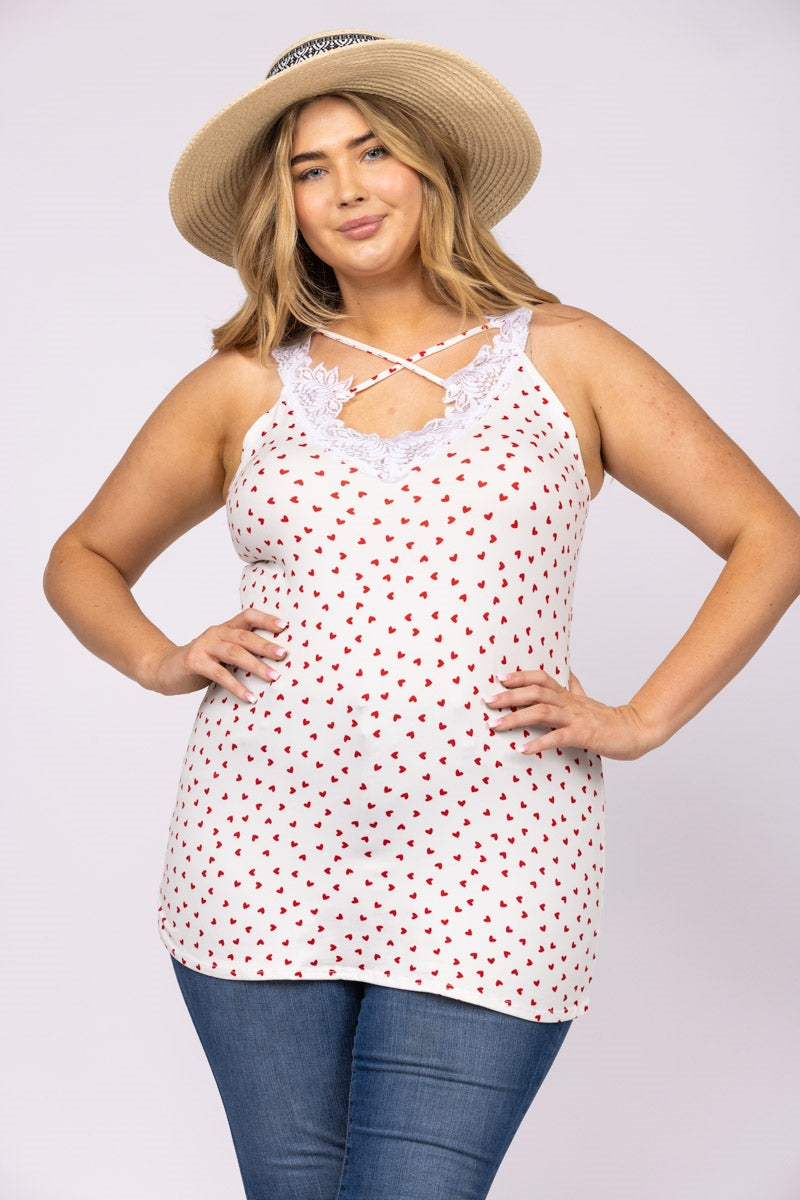 IVORY WHITE HEART PRINTS LACE V NECK CRISS CROSS PLUS SIZE TOP-T6575P