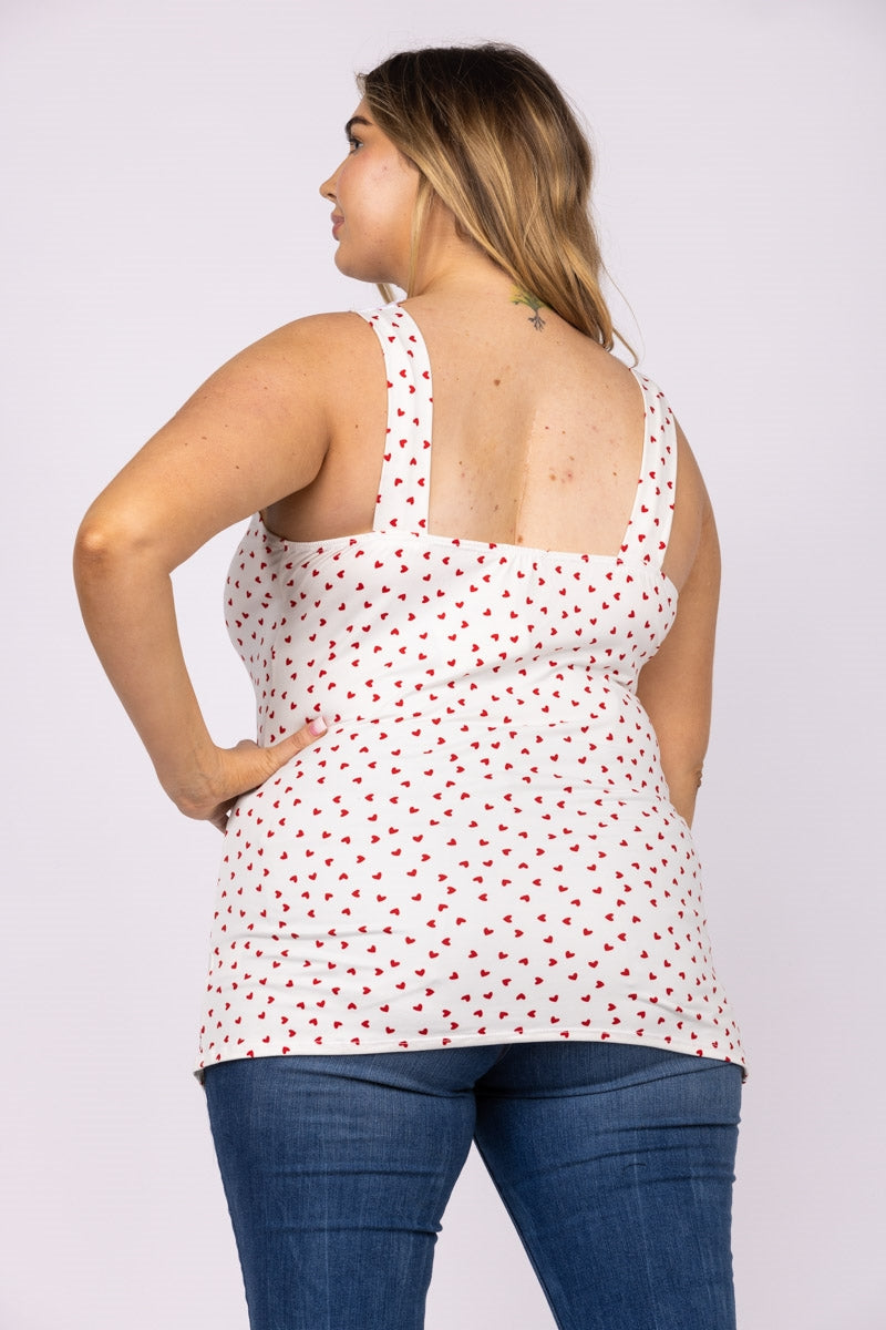 IVORY WHITE HEART PRINTS LACE V NECK CRISS CROSS PLUS SIZE TOP-T6575P