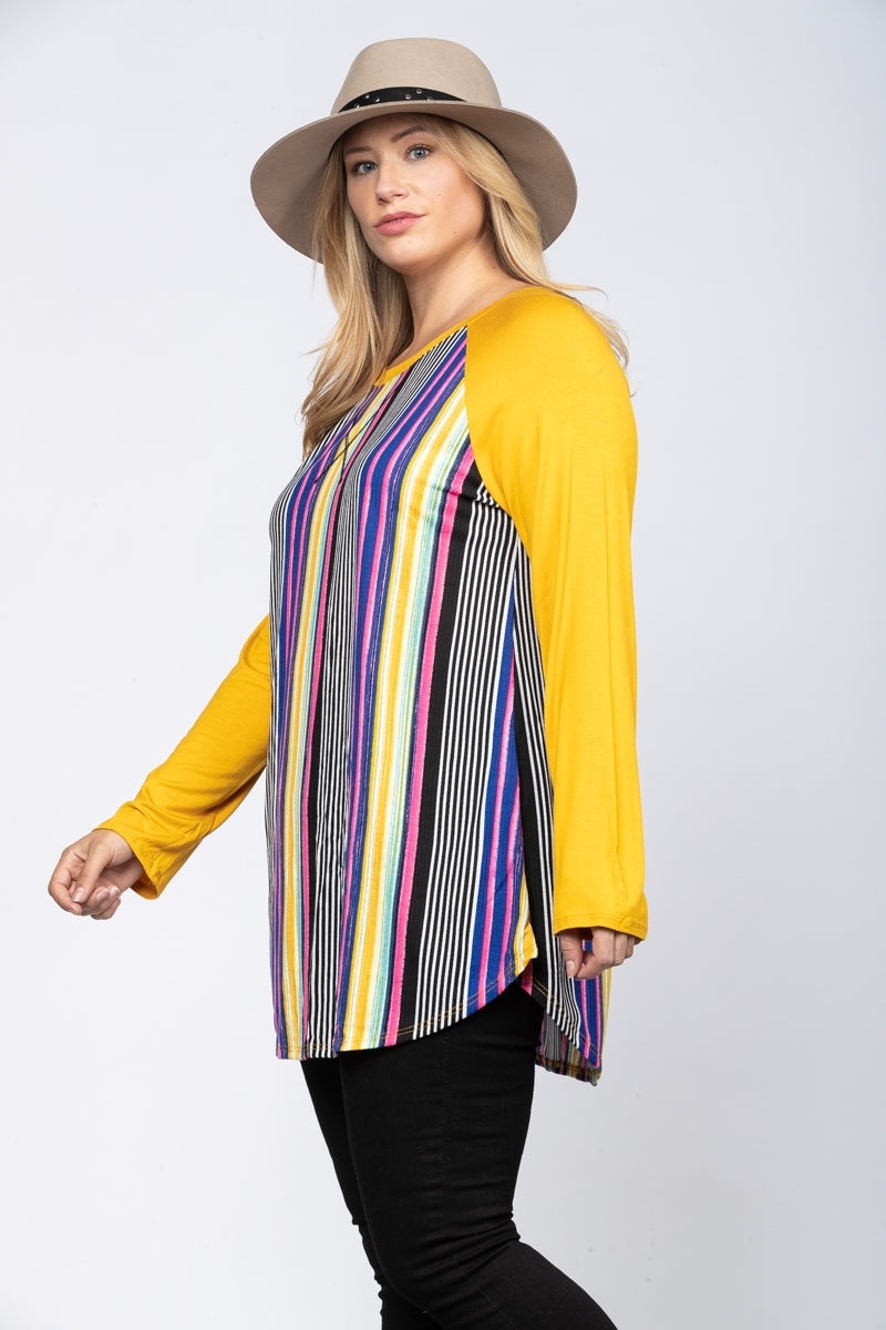 MULTI COLORS KRAVET STRIPES PRINT YELLOW CONTRAST PLUS SIZE TOP-CT33513DPL