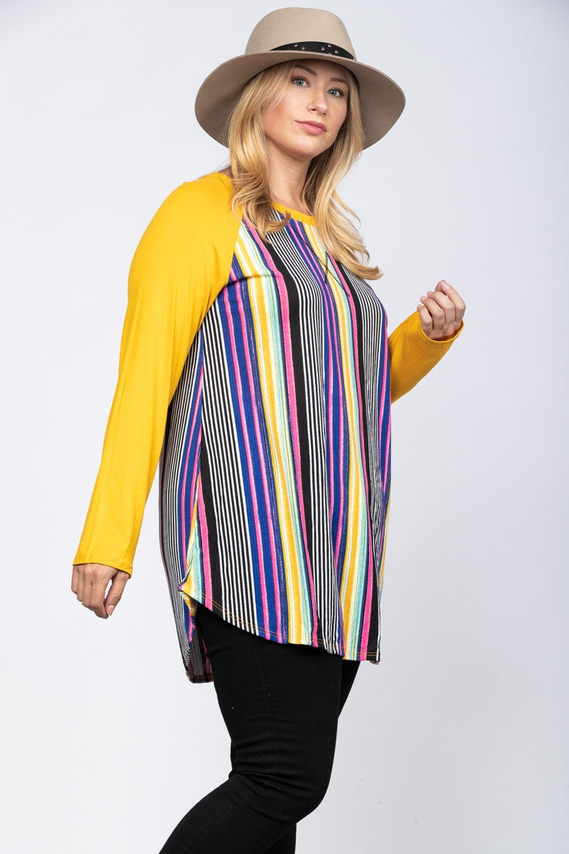 MULTI COLORS KRAVET STRIPES PRINT YELLOW CONTRAST PLUS SIZE TOP-CT33513DPL