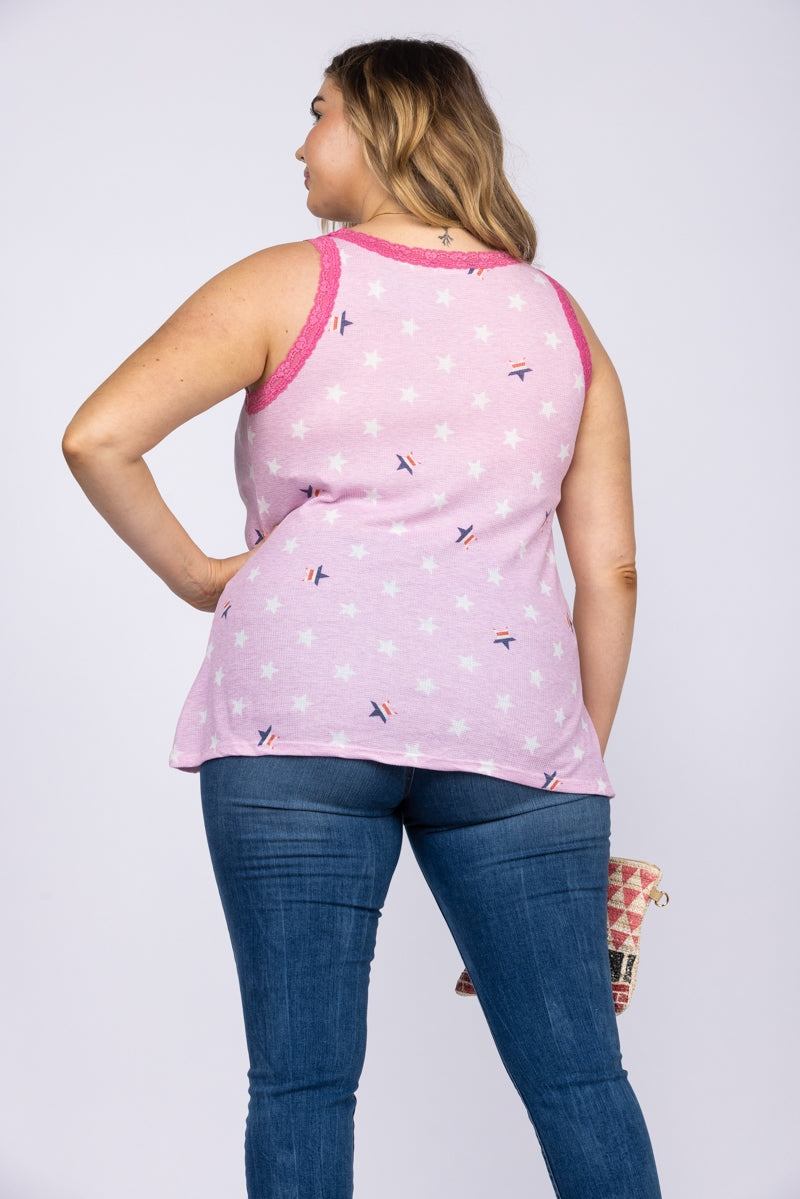 PINK LACEY STARS SLEEVELESS WAFFLE KNIT PLUS SIZE TOP-T6744X