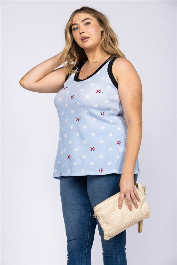 PINK LACEY STARS SLEEVELESS WAFFLE KNIT PLUS SIZE TOP-T6744X