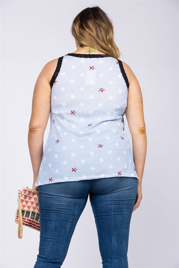 PINK LACEY STARS SLEEVELESS WAFFLE KNIT PLUS SIZE TOP-T6744X