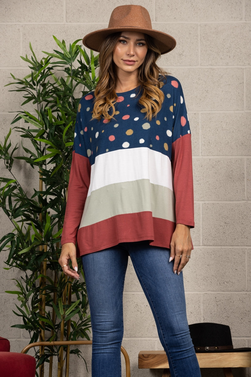 NAVY POLKADOT CONTRAST LONG SLEEVE TOP-CT33698