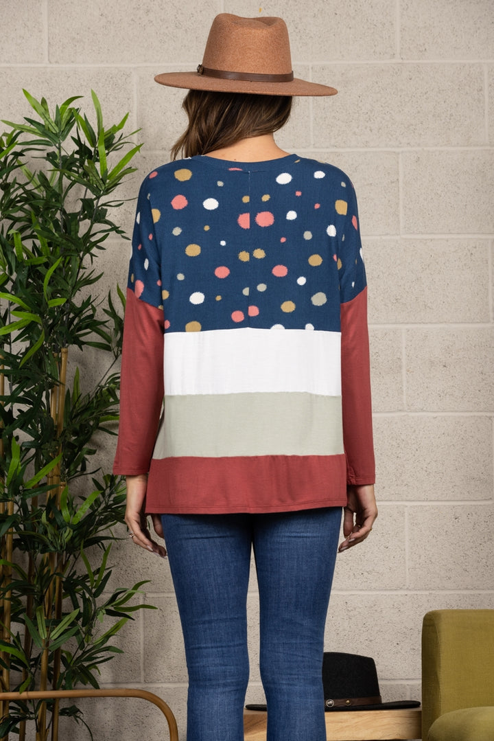 NAVY POLKADOT CONTRAST LONG SLEEVE TOP-CT33698