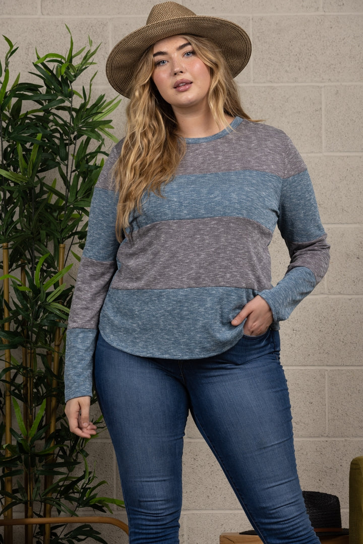 LIGHT GREY TEAL PULL OVER PLUS SIZE SWEATER TOP-PTJ11307X