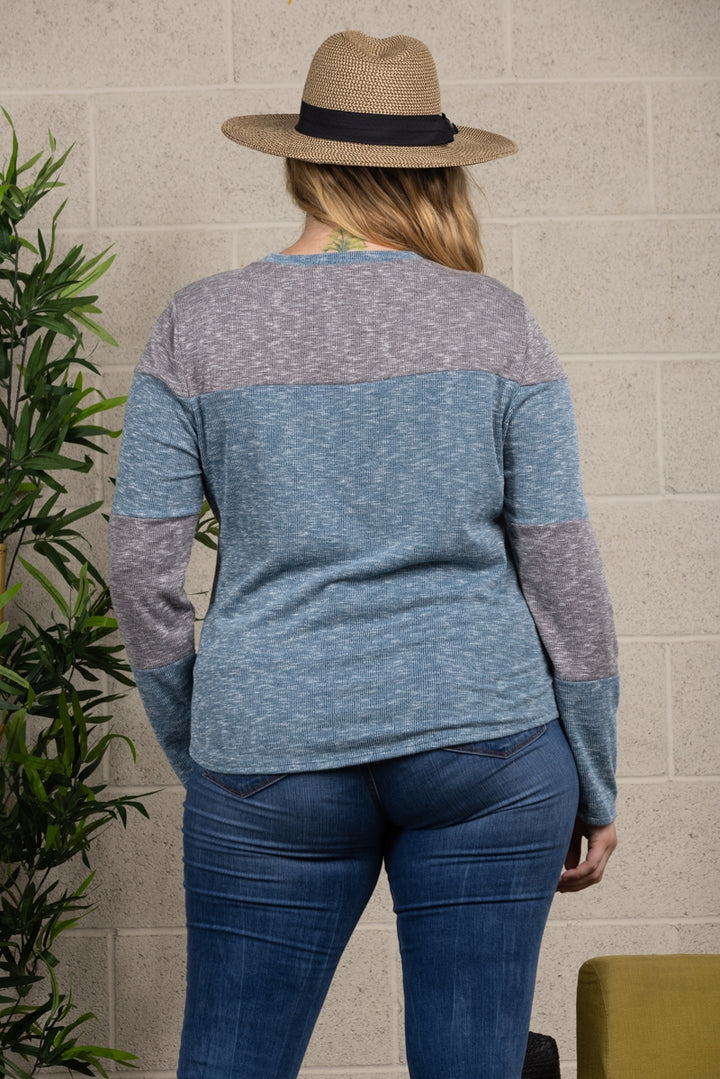 LIGHT GREY TEAL PULL OVER PLUS SIZE SWEATER TOP-PTJ11307X