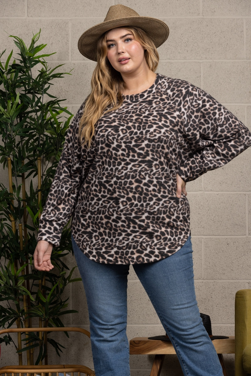 BROWN LEOPARD PRINT LONG SLEEVE KNIT TOP PLUS SIZE TP1879-3X