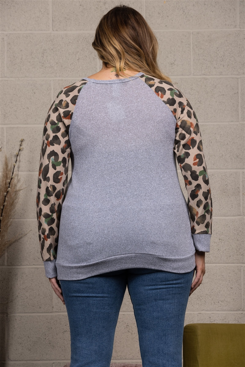 GREY ANIMAL PRINT CONTRAST PULLOVER PLUS SIZE TOP ST1380