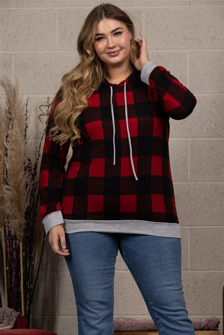 RED/BLACK PLAID PRINT HOODIE TOP PLUS SIZE ST1850-16X