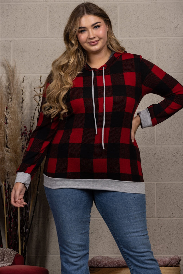 RED PLAID DRAWSTRING HOODIE  PLUS SIZE TOP-ST1850