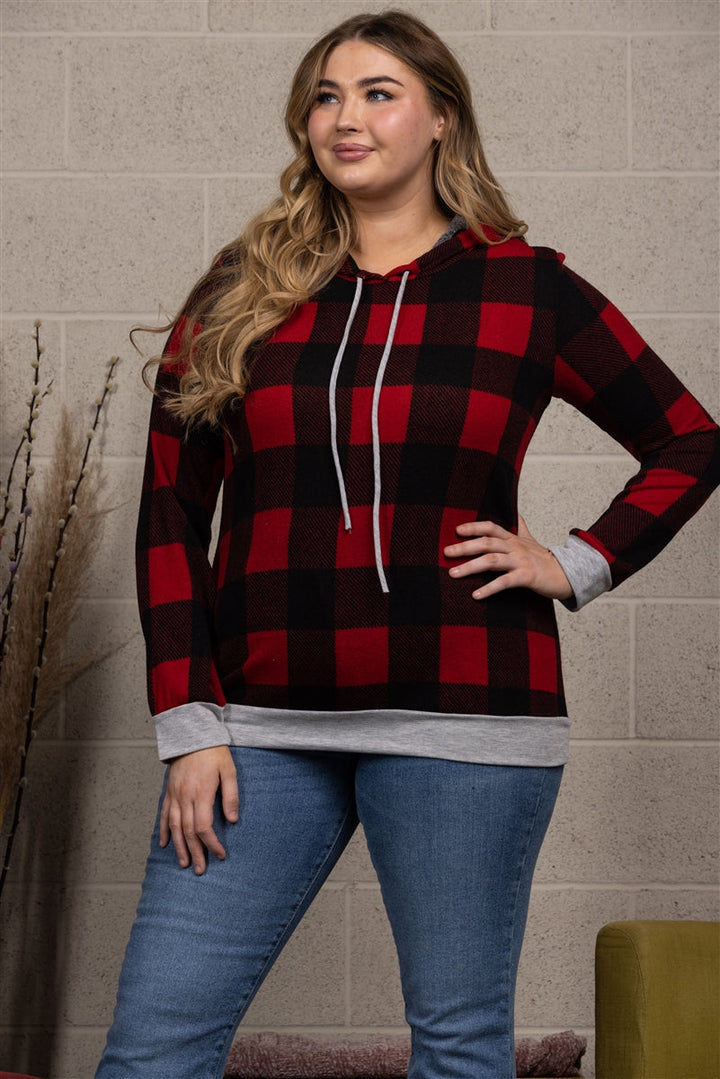 RED PLAID DRAWSTRING HOODIE  PLUS SIZE TOP-ST1850