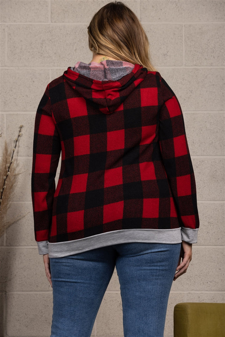 RED PLAID DRAWSTRING HOODIE  PLUS SIZE TOP-ST1850