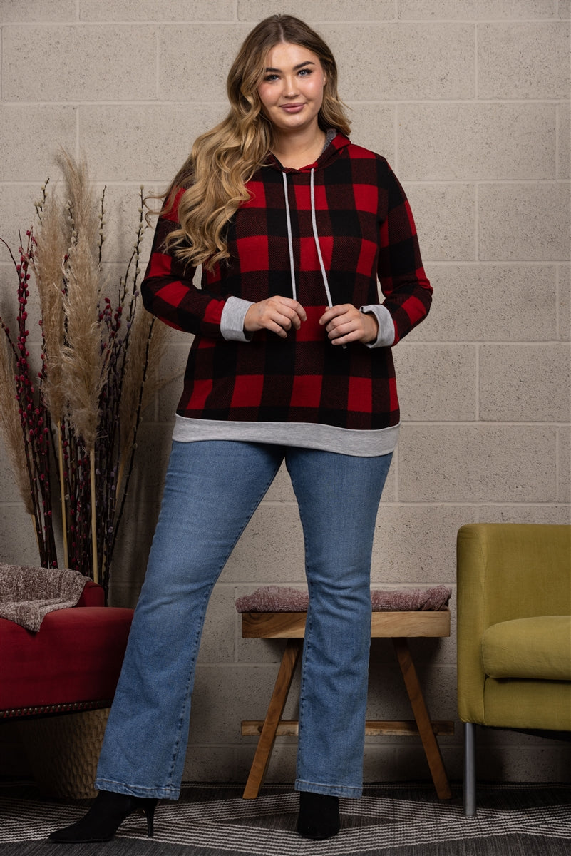 RED PLAID DRAWSTRING HOODIE  PLUS SIZE TOP-ST1850