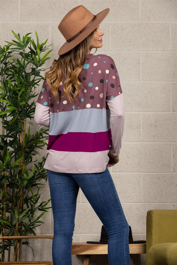 PLUM POLKADOT CONTRAST LONG SLEEVE TOP-CT33698