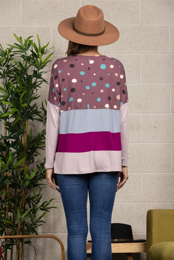 PLUM POLKADOT CONTRAST LONG SLEEVE TOP-CT33698