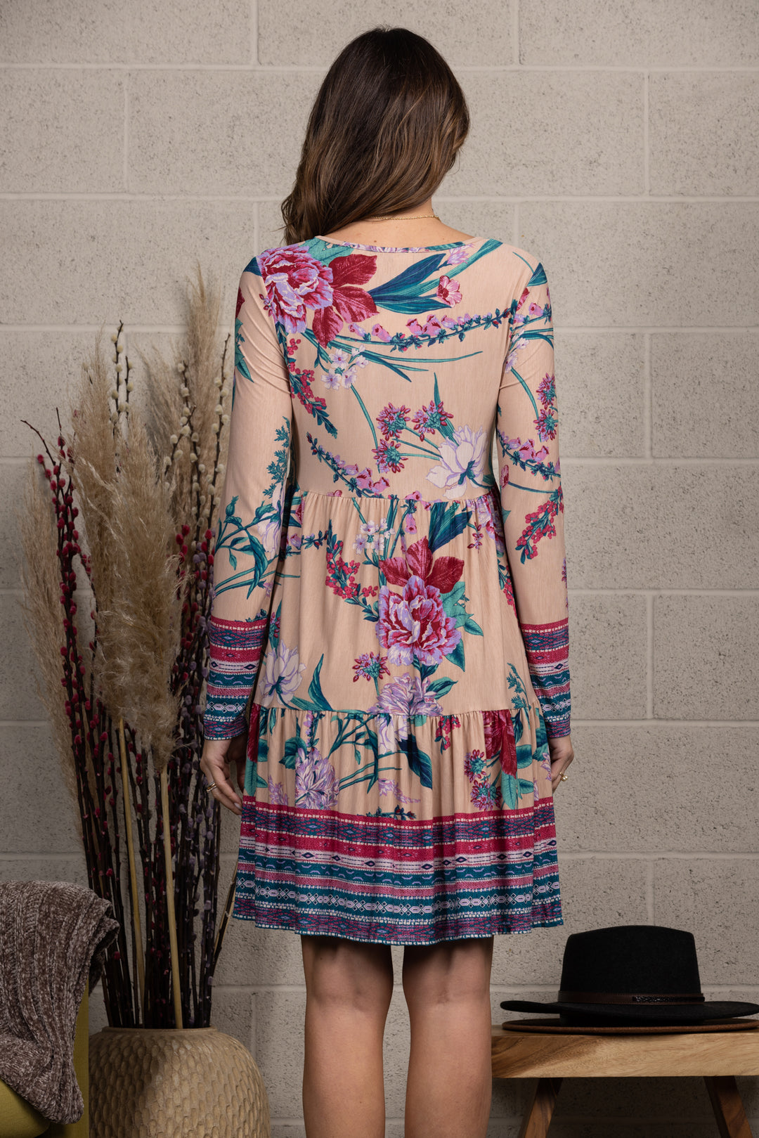 TAUPE FLORAL PRINT SQUARE NECK LONG SLEEVES MIDI DRESS-VC5562