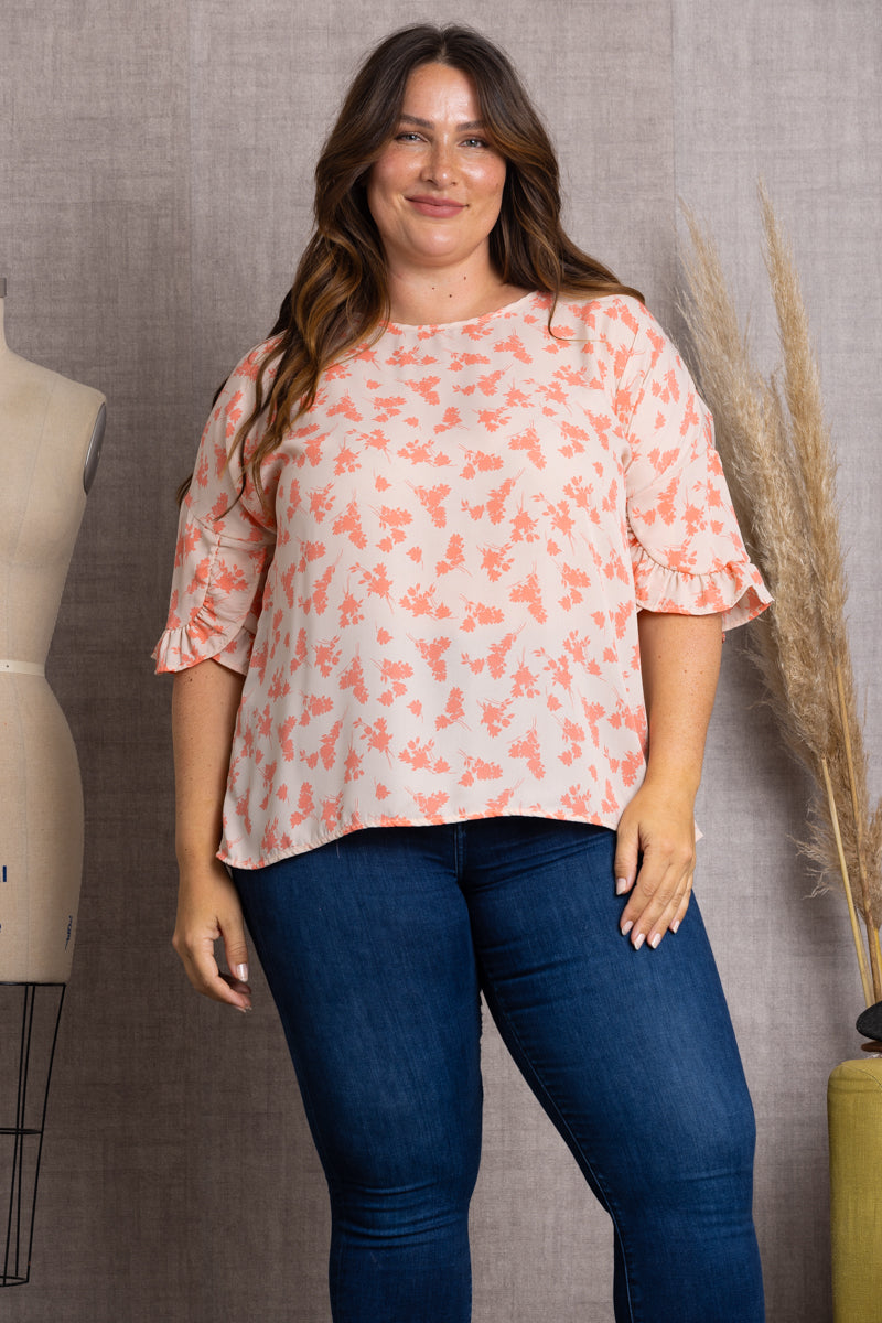 PEACH FLORAL PRINT BELL SHORT SLEEVE PLUS SIZE TOP-T2029