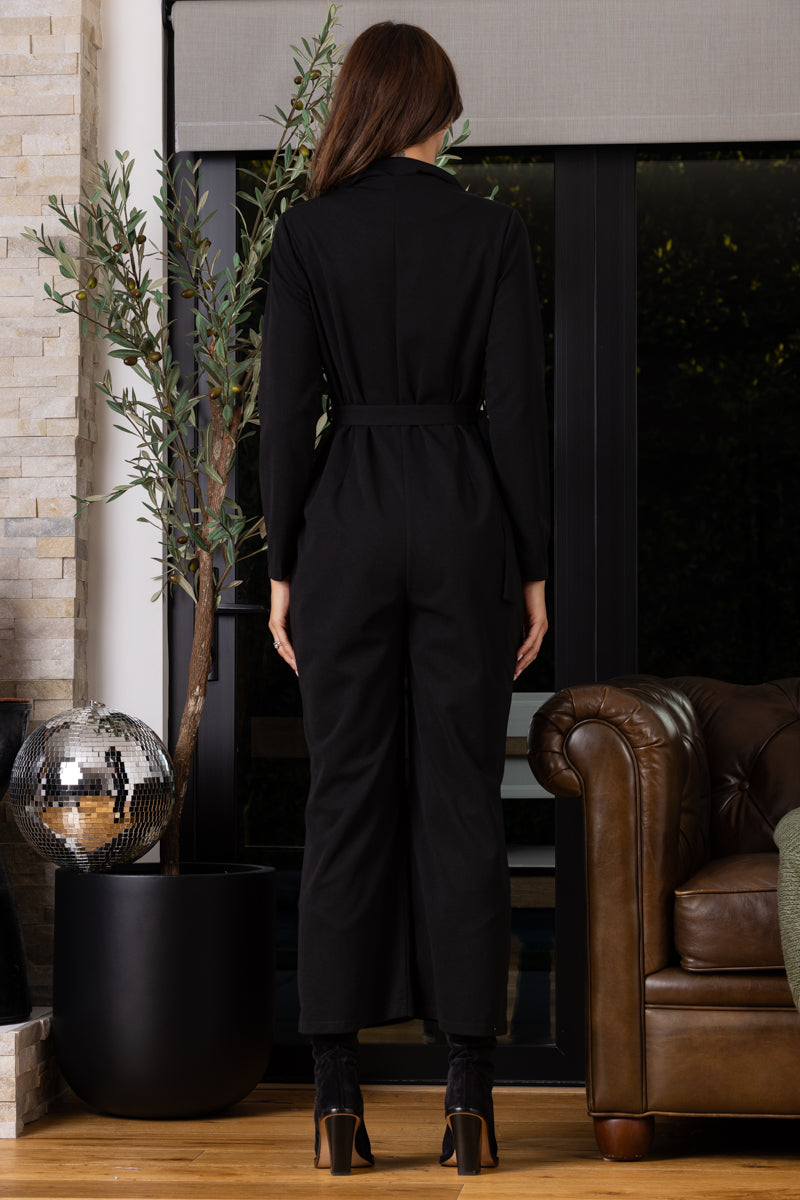 BLACK BUTTON-UP BELTED JUMPSUITS-J51639K