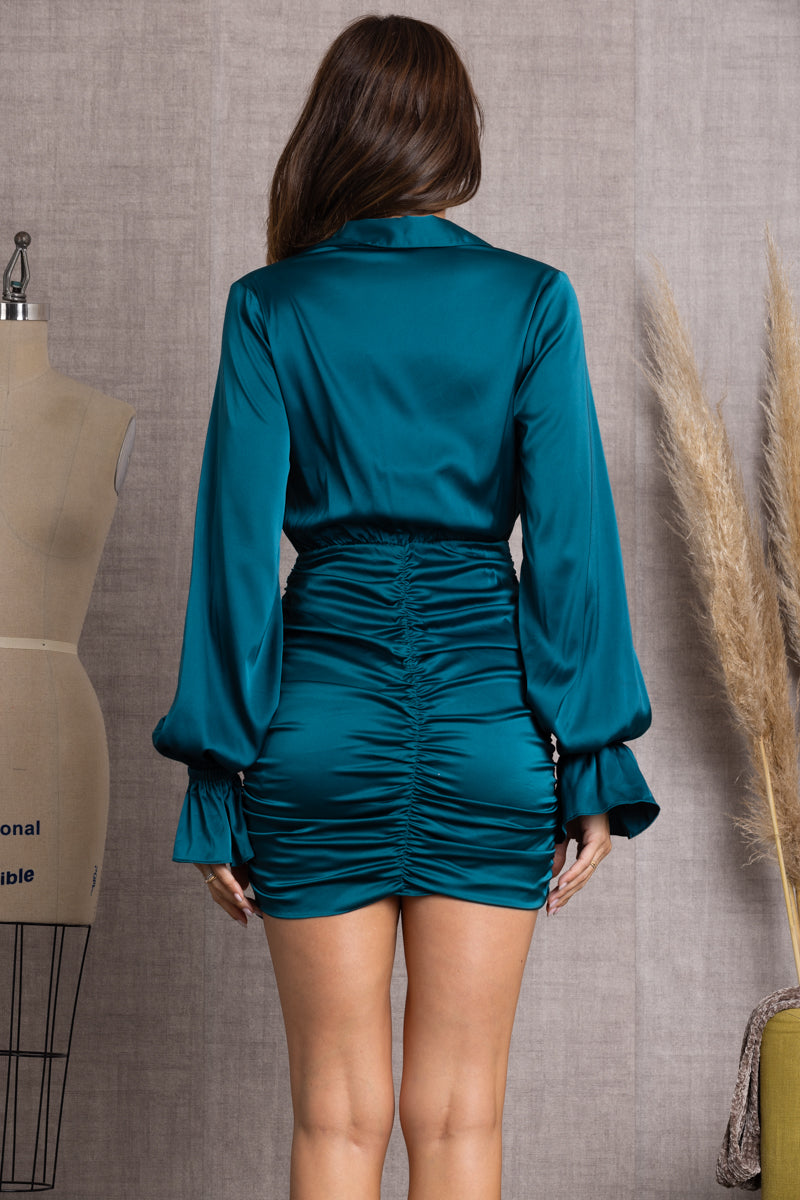 TEAL V-NECK LONG SLEEVES SIDE STRING MINI DRESS-ID5393