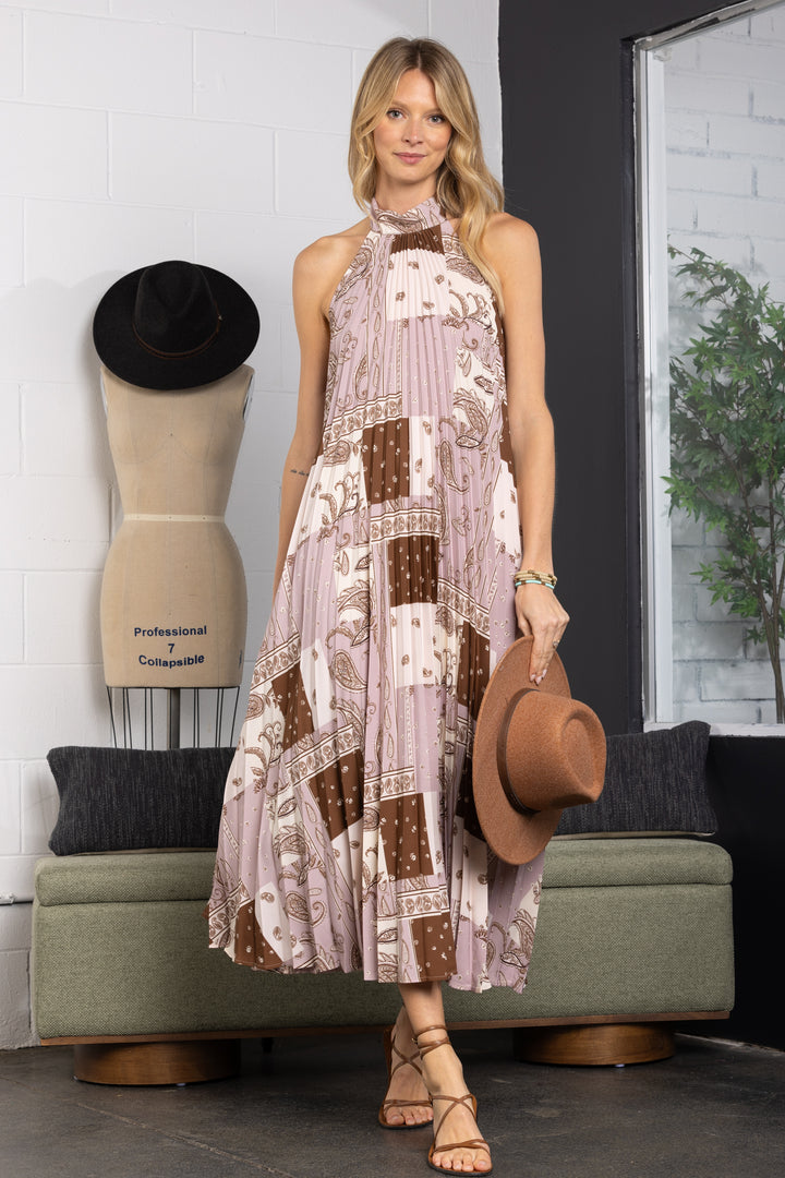 DY51129FA-Wholesale MOCHA PAISLEY PRINT HALTER NECK PLEATED MAXI DRESS