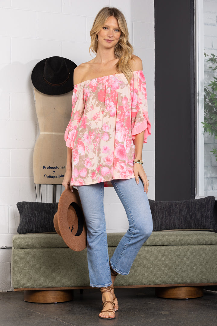 PINK OFF SHOULDER 3/4 RUFFLED BELL SLEEVES TOP-B5639-G