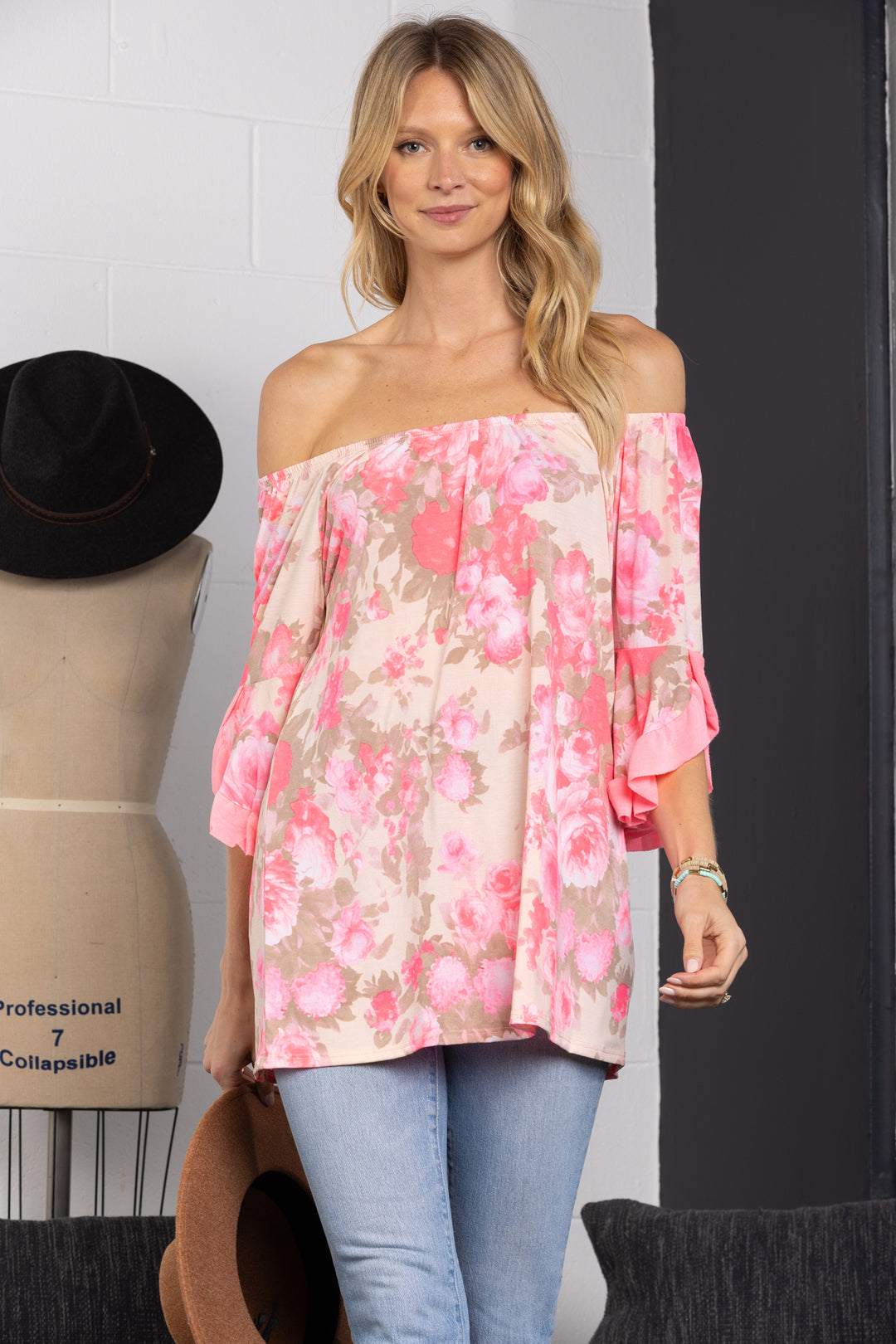 B5639-G-Wholesale PINK OFF SHOULDER 3/4 RUFFLED BELL SLEEVES TOP