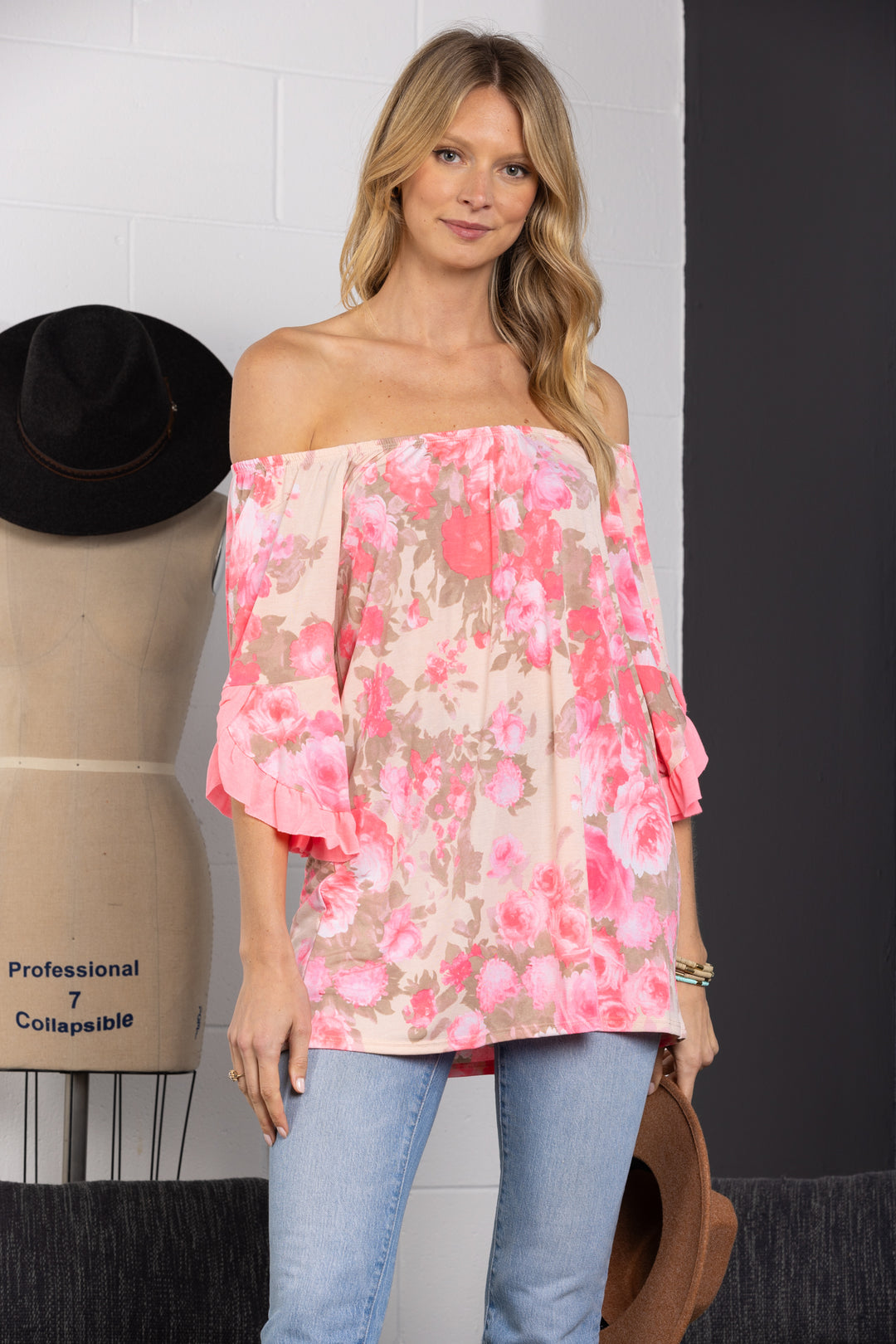 PINK OFF SHOULDER 3/4 RUFFLED BELL SLEEVES TOP-B5639-G