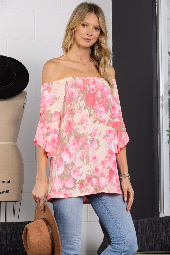 PINK OFF SHOULDER 3/4 RUFFLED BELL SLEEVES TOP-B5639-G