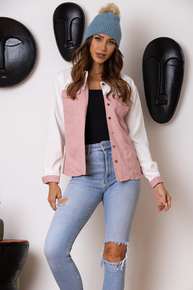 B51571WS-Wholesale PINK/WHITE COLOR BLOCK CORDUROY LONG SLEEVES JACKET