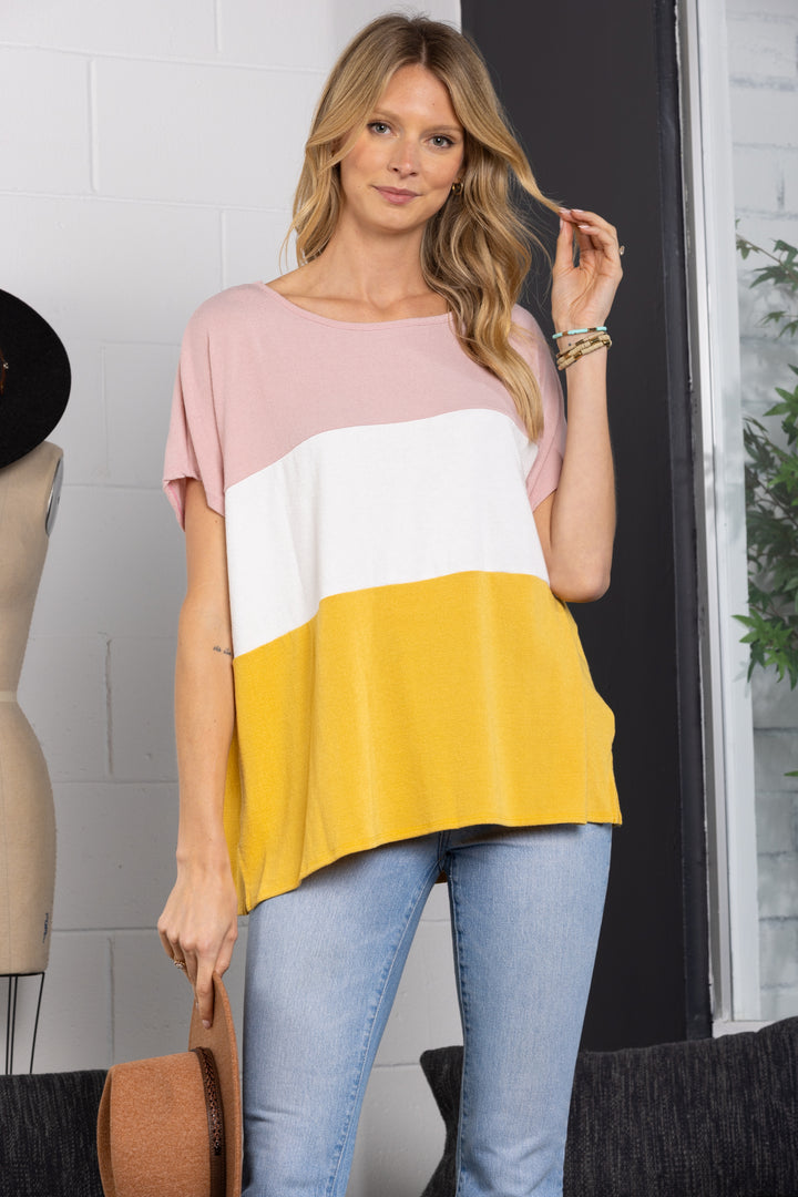 ST11499-Wholesale BLUSH COLOR BLOCK TUNIC TOP