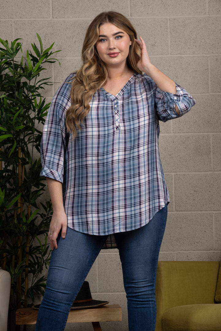 PLAID PULLOVER 3/4 SLEEVE TUNIC PLUS SIZE TOP