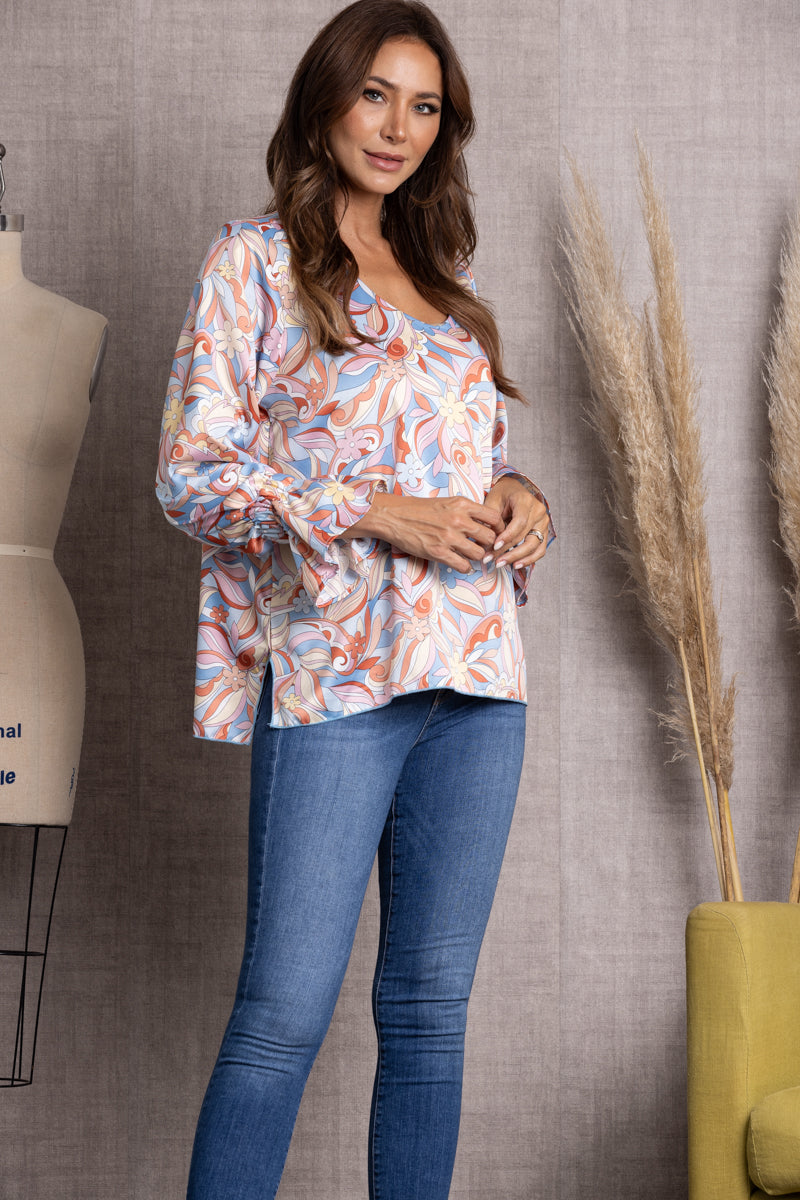 BLUE PRINTED V-NECK CUFF LONG BALLOON SLEEVE TOP-ST11922