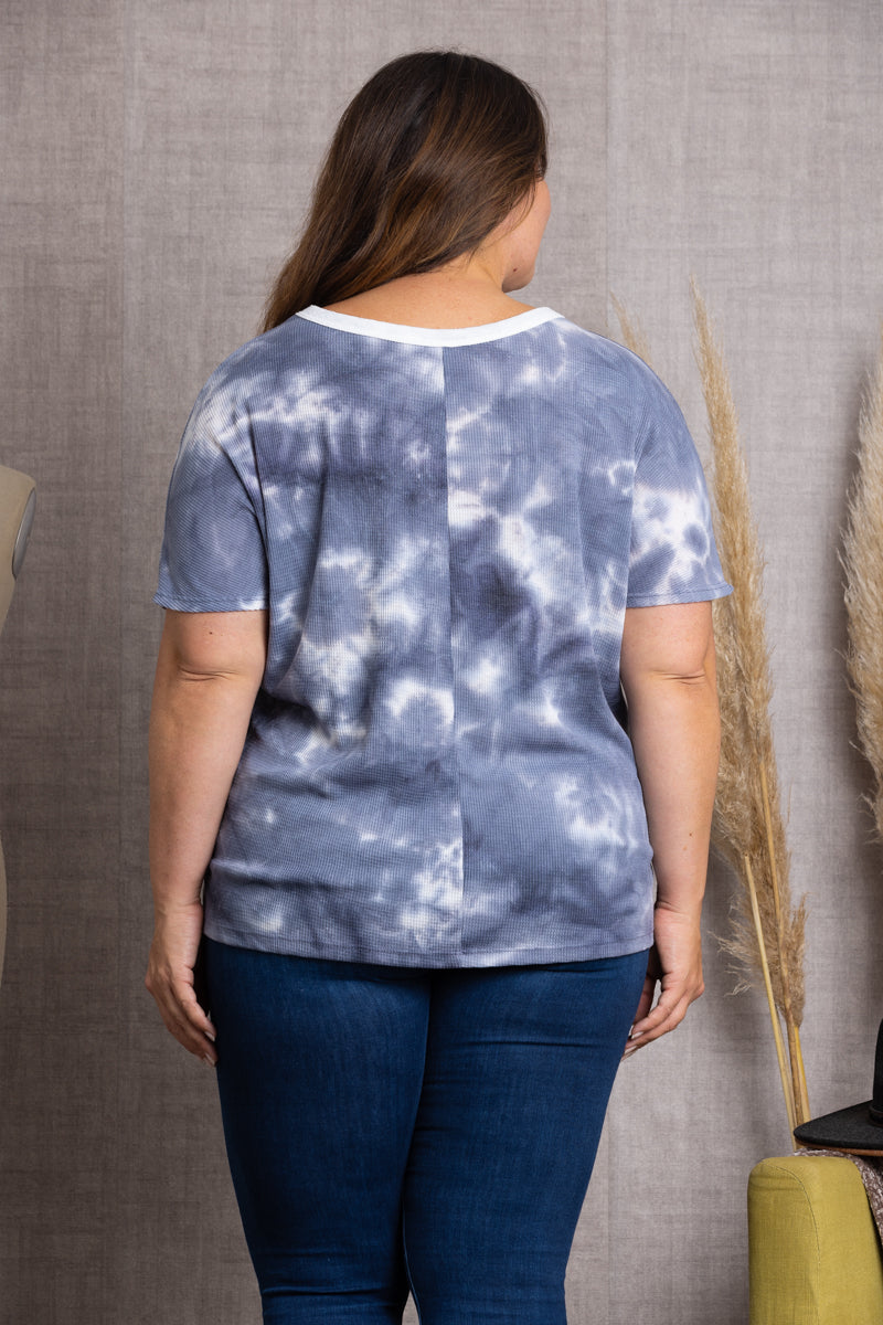 SLATE GREY SLATE GREY TIE DYE PRINT THERMAL KNIT PLUS SIZE TOP-PTY3794