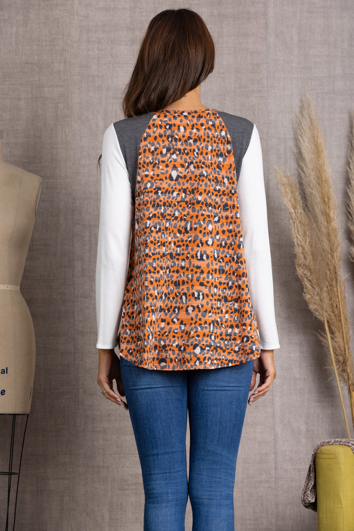 ORANGE ANIMAL PRINT LONG SLEEVES CONTRAST TOP-B5551