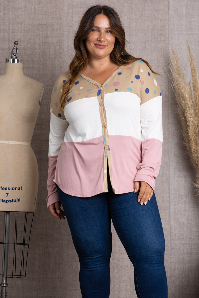 TAUPE POLKADOT COLOR BLOCK BUTTON DOWN PLUS SIZE SWEATER-CT43590DX