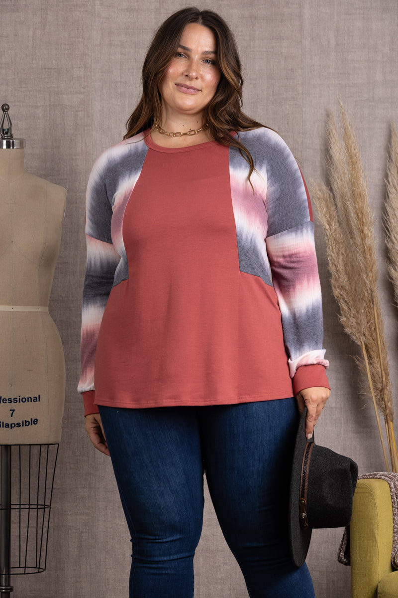 MAGENTA OMBRE LONG SLEEVES PLUS SIZE KNIT TOP-ET5125