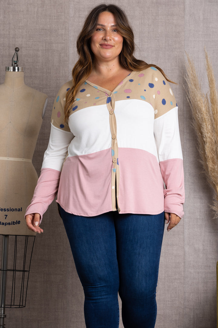 TAUPE POLKADOT COLOR BLOCK BUTTON DOWN PLUS SIZE SWEATER-CT43590DX