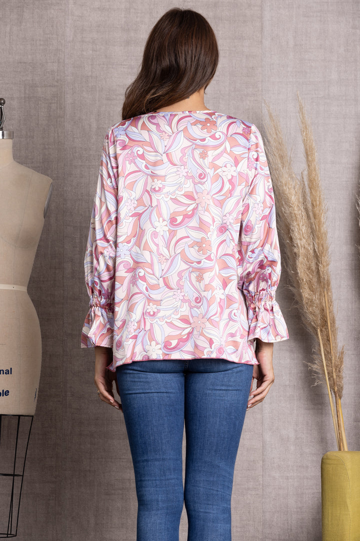 BLUSH PRINTED V-NECK CUFF LONG BALLOON SLEEVE TOP-ST11922