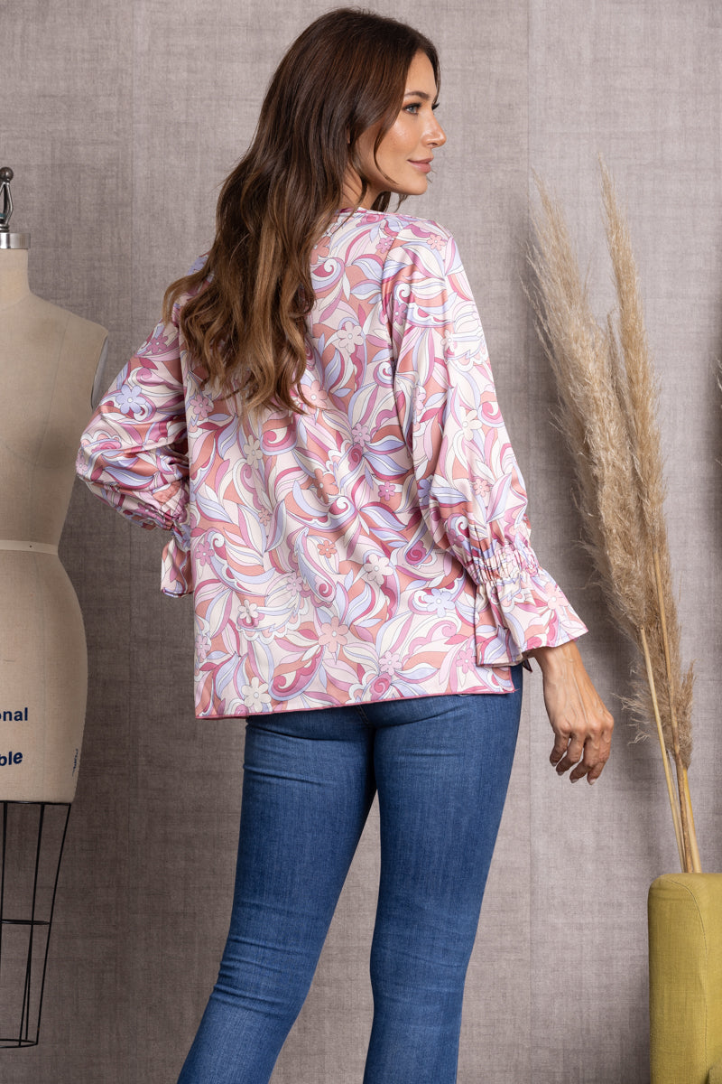 BLUSH PRINTED V-NECK CUFF LONG BALLOON SLEEVE TOP-ST11922