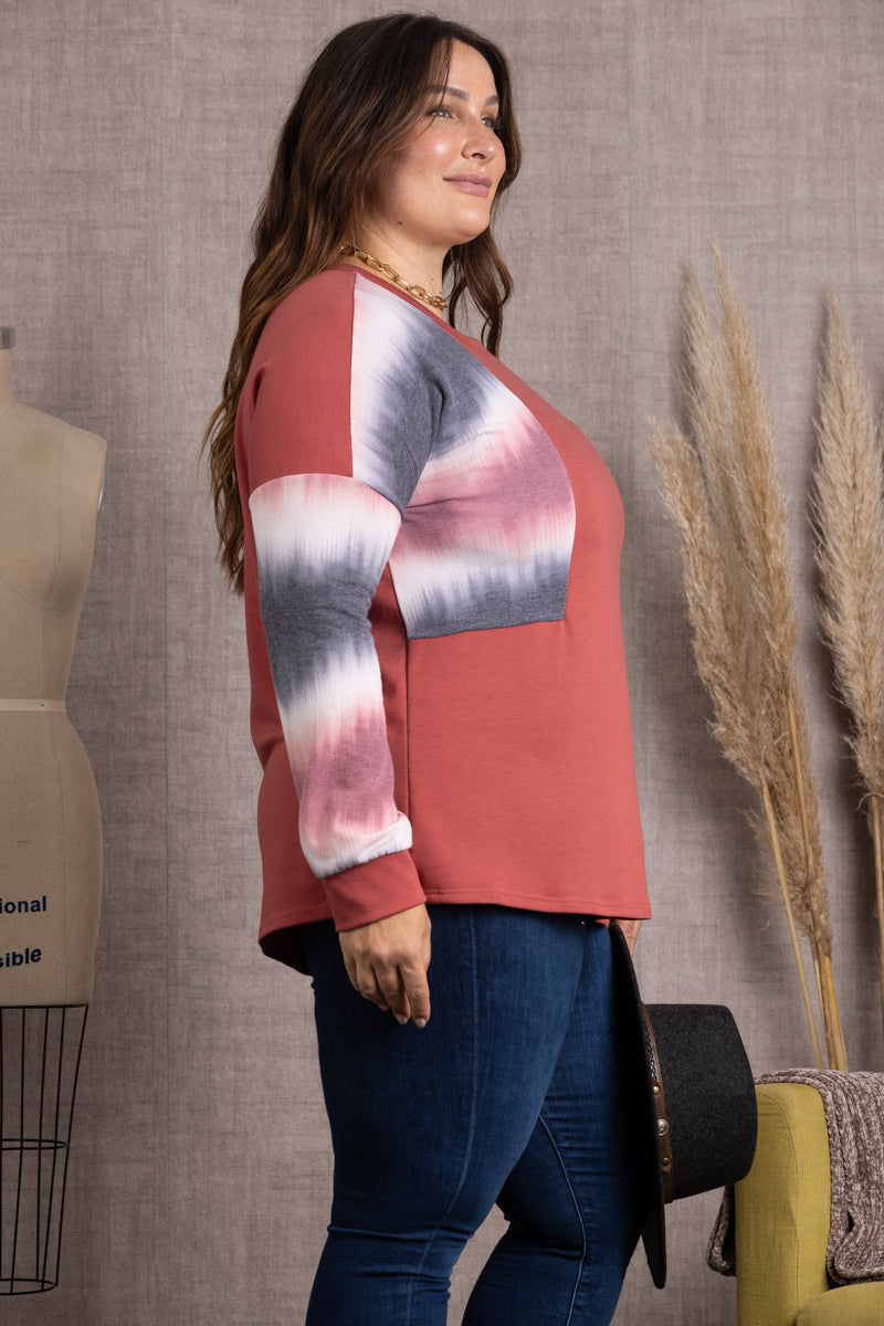 MAGENTA OMBRE LONG SLEEVES PLUS SIZE KNIT TOP-ET5125