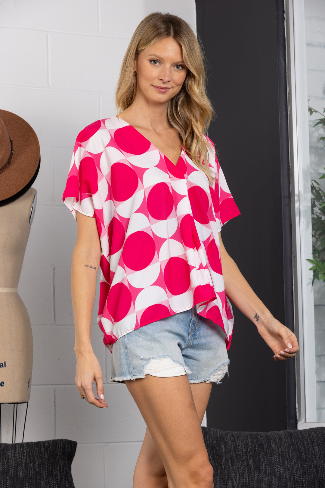 PINK V-NECK DOLMAN SHORT SLEEVES TOP-TC12598NPA