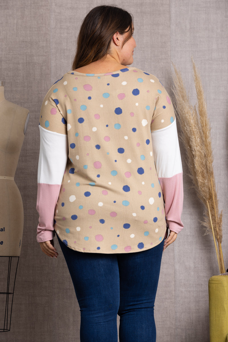 TAUPE POLKADOT COLOR BLOCK BUTTON DOWN PLUS SIZE SWEATER-CT43590DX